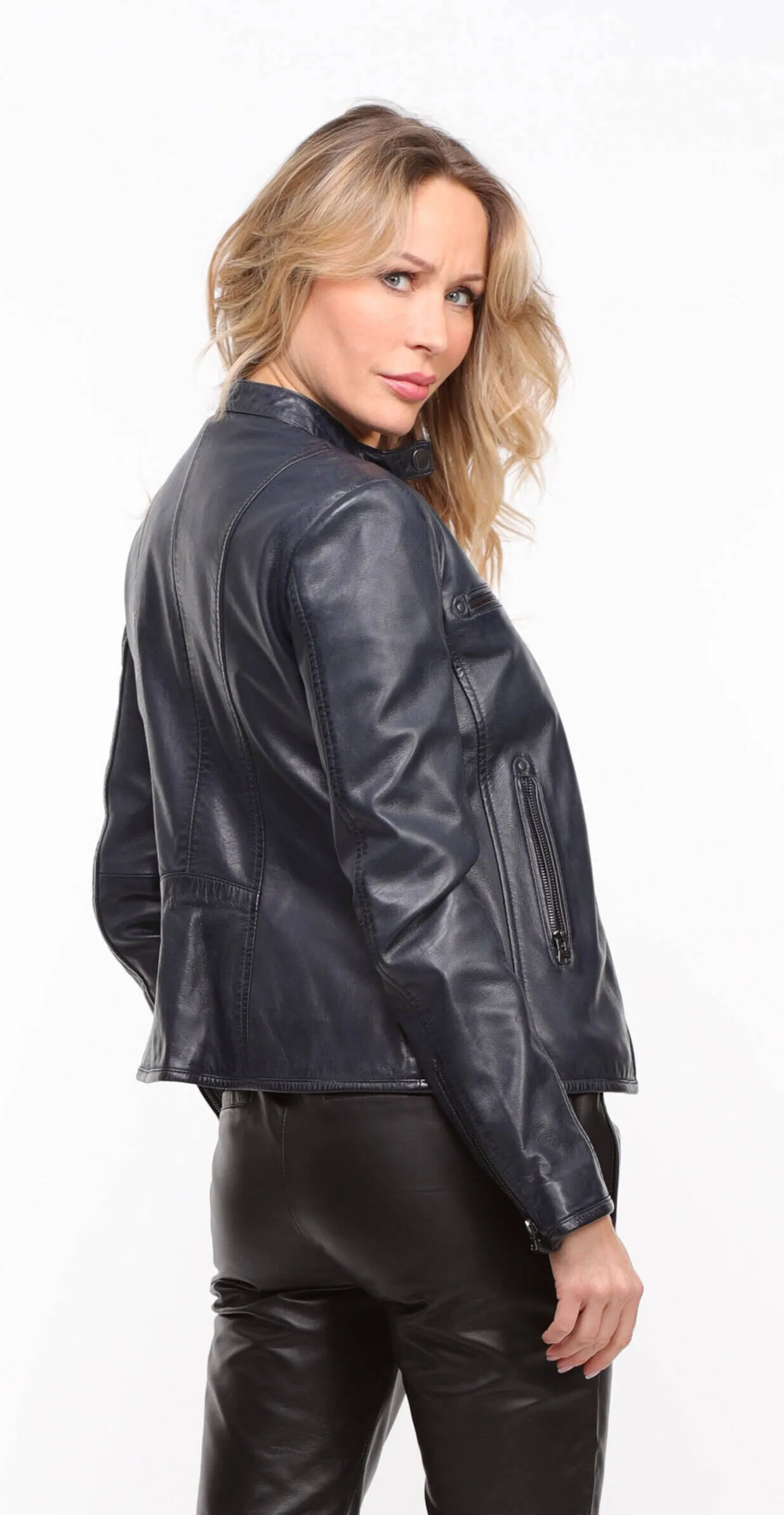 Blouson cuir femme marine style motard