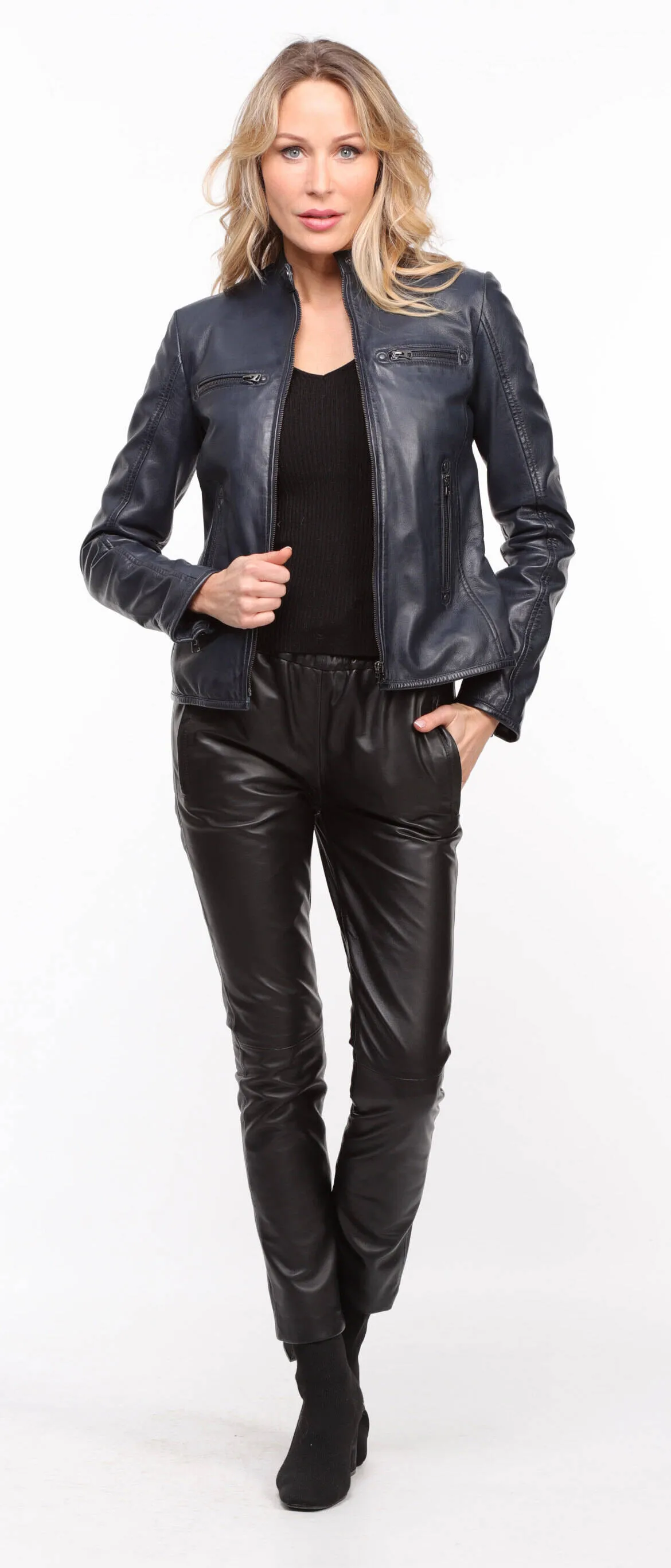 Blouson cuir femme marine style motard