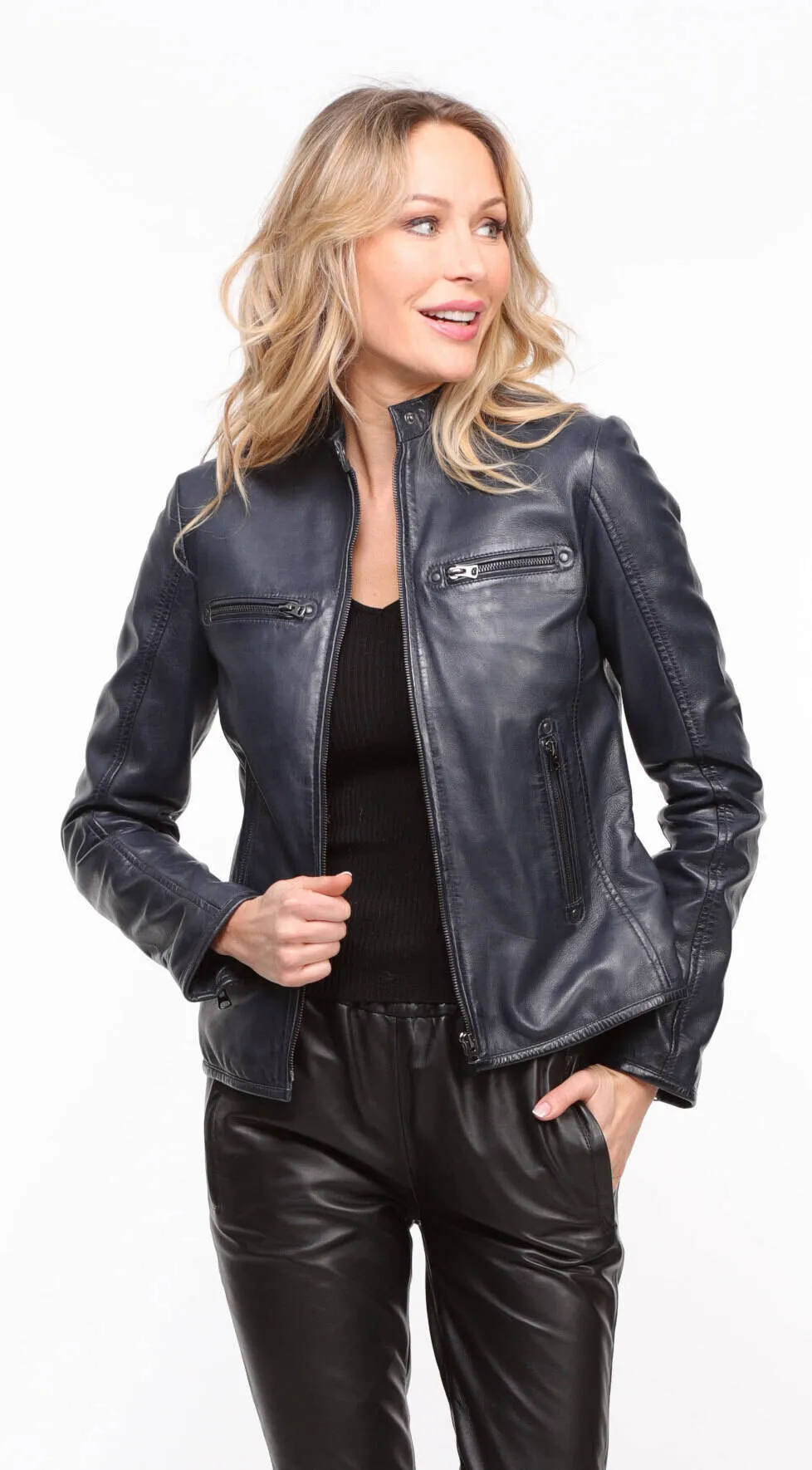 Blouson cuir femme marine style motard