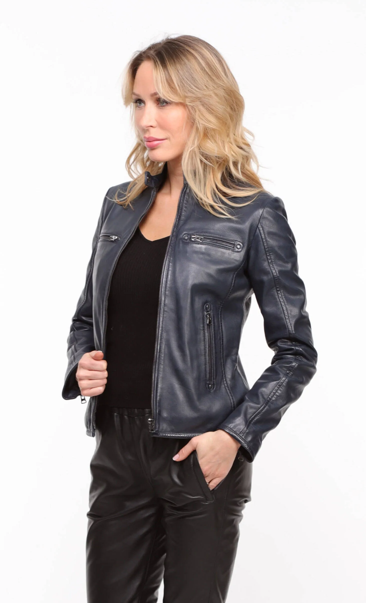 Blouson cuir femme marine style motard