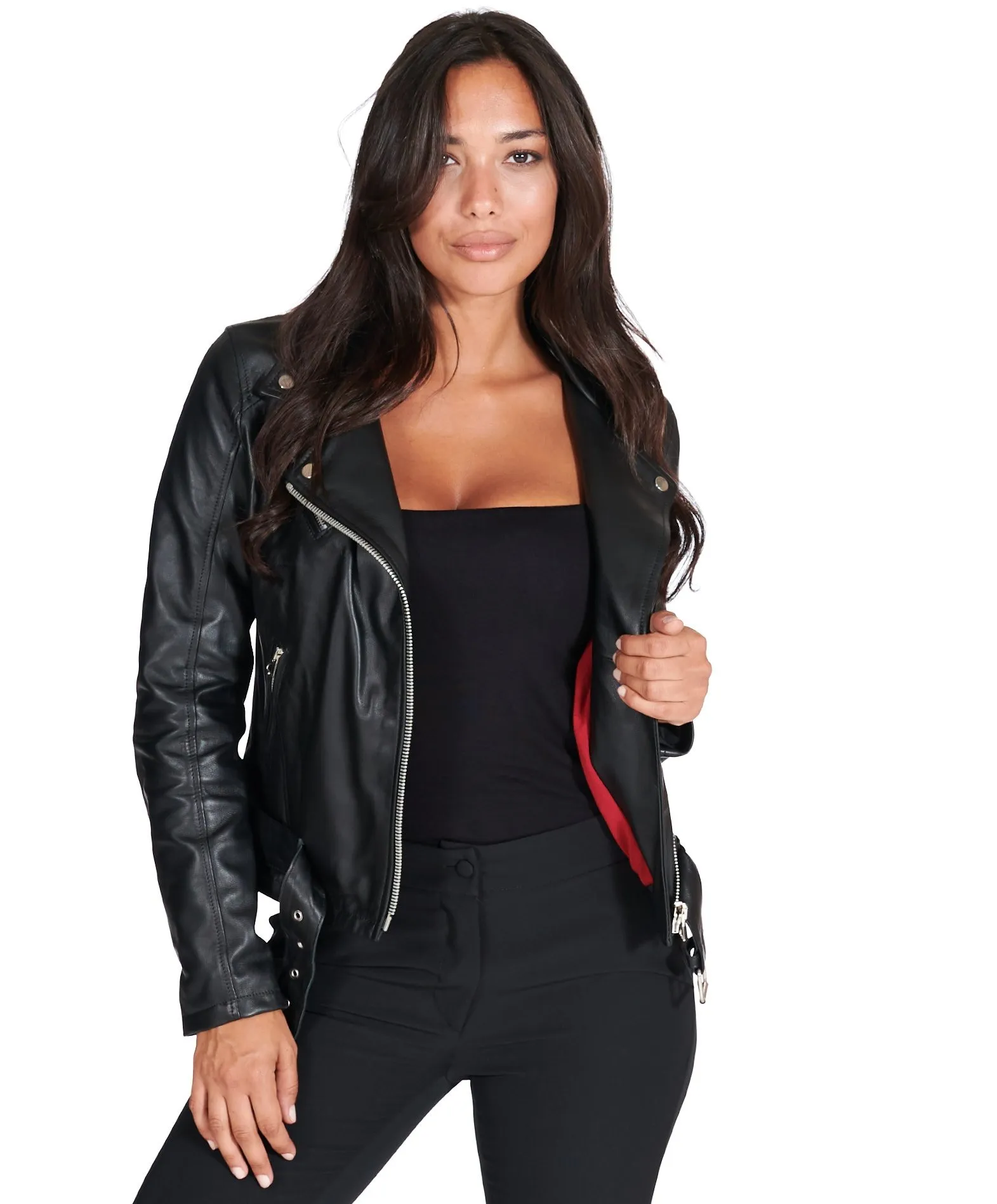 Blouson cuir femme motard avec ceinture cuir plongé noi Chiodo