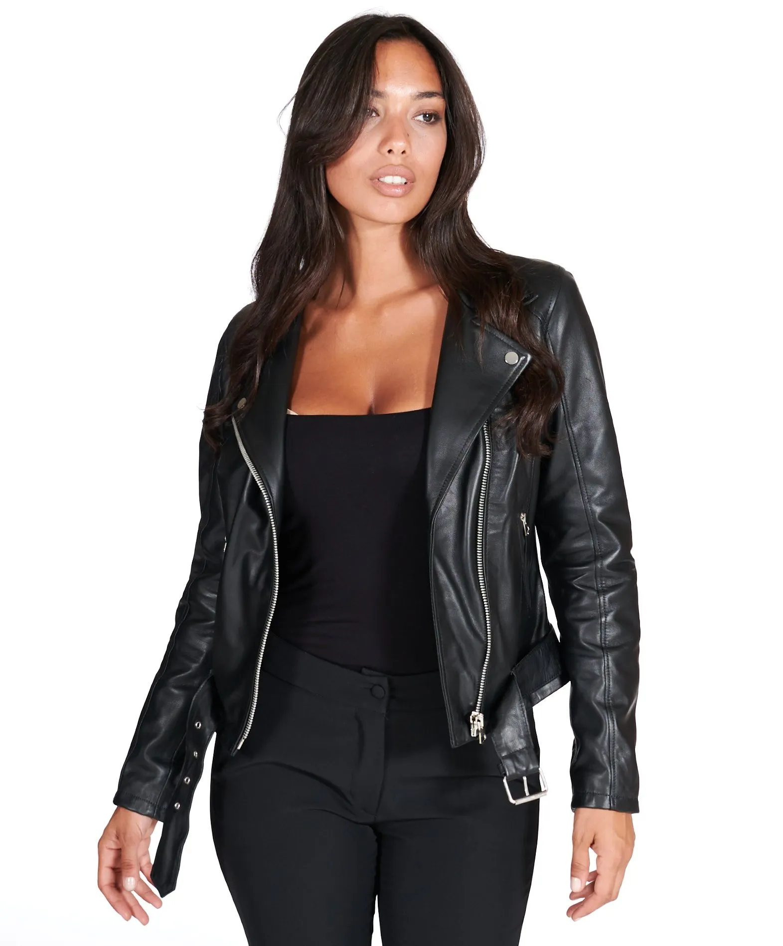 Blouson cuir femme motard avec ceinture cuir plongé noi Chiodo