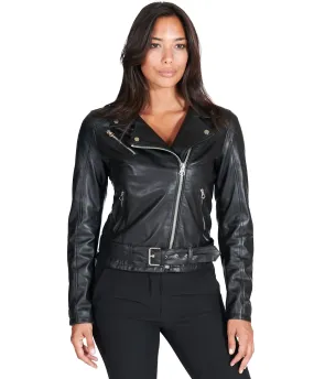 Blouson cuir femme motard avec ceinture cuir plongé noi Chiodo