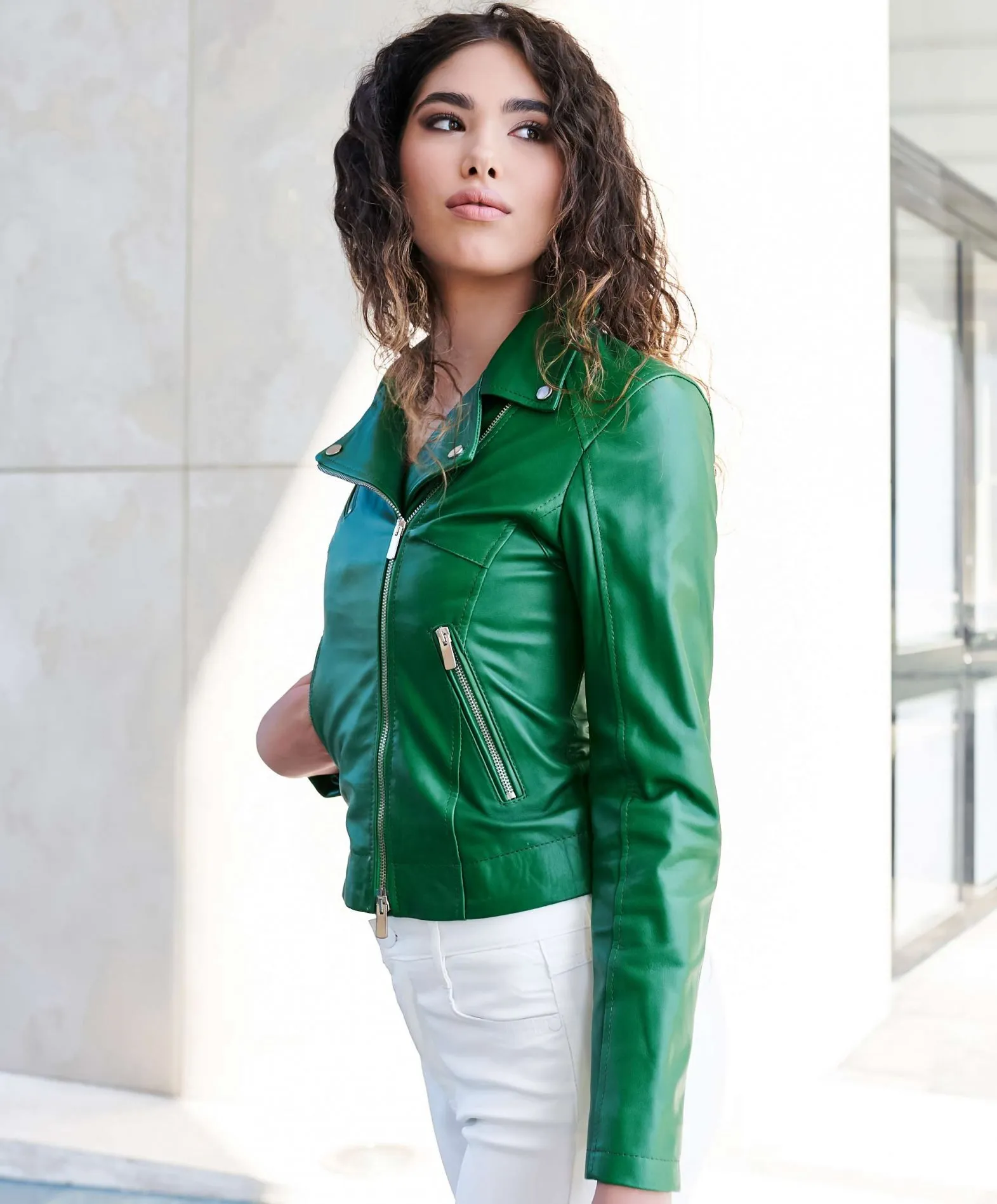 Blouson cuir femme moto veste motard cuir vert KBC 