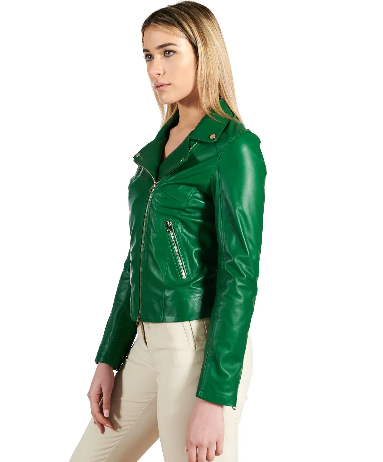 Blouson cuir femme moto veste motard cuir vert KBC 