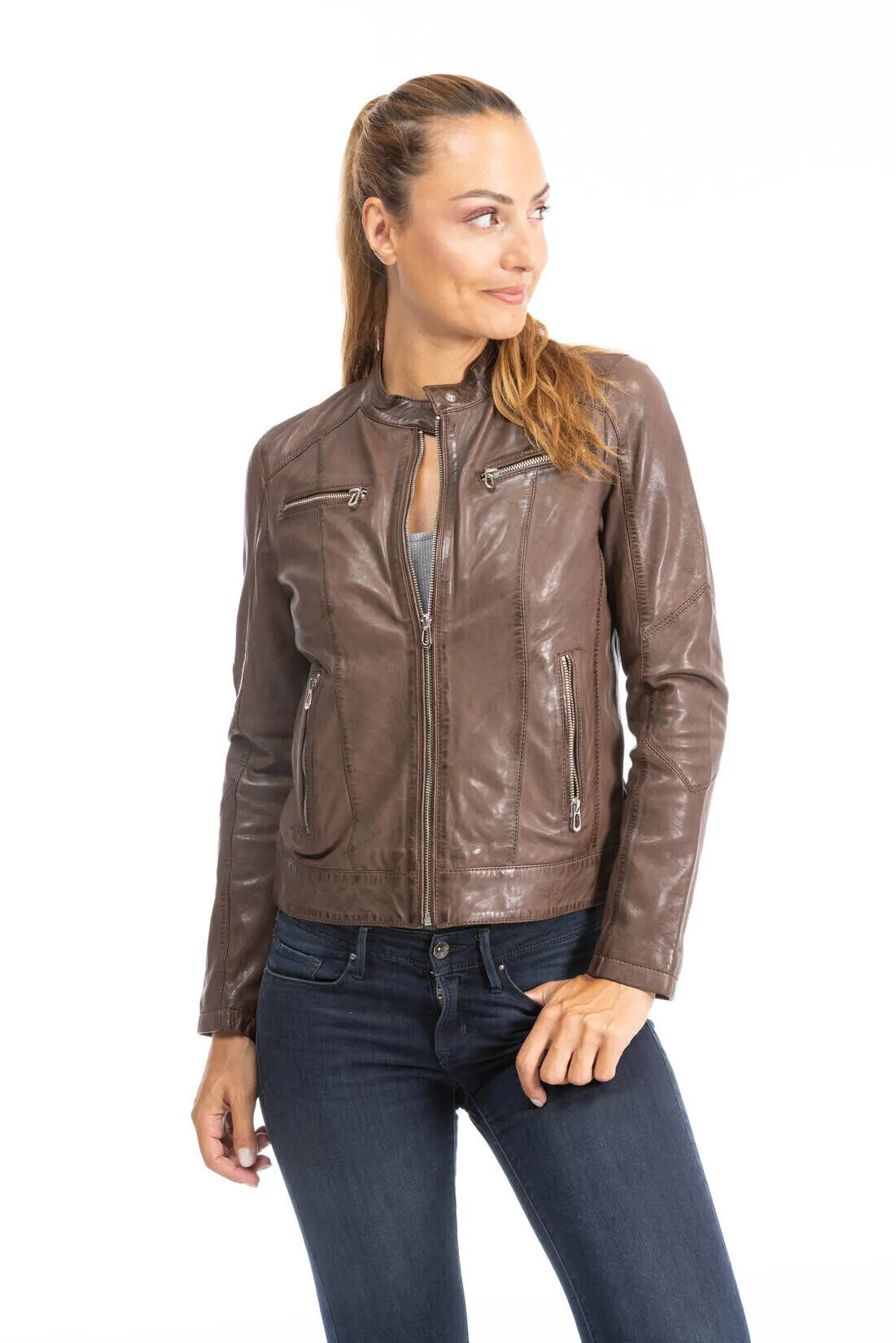 Blouson cuir femme style motard bison