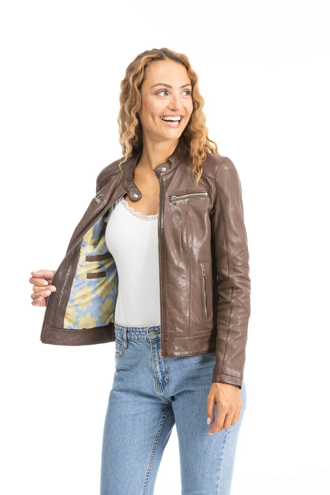 Blouson cuir femme style motard bison