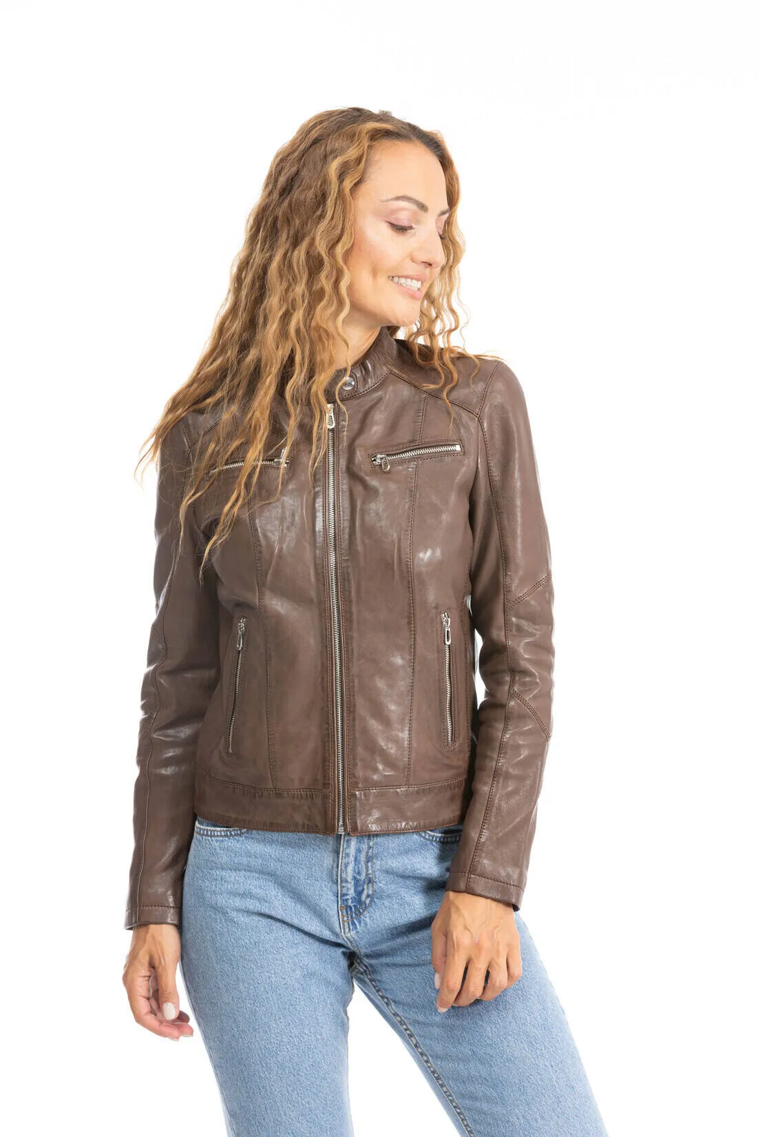 Blouson cuir femme style motard bison