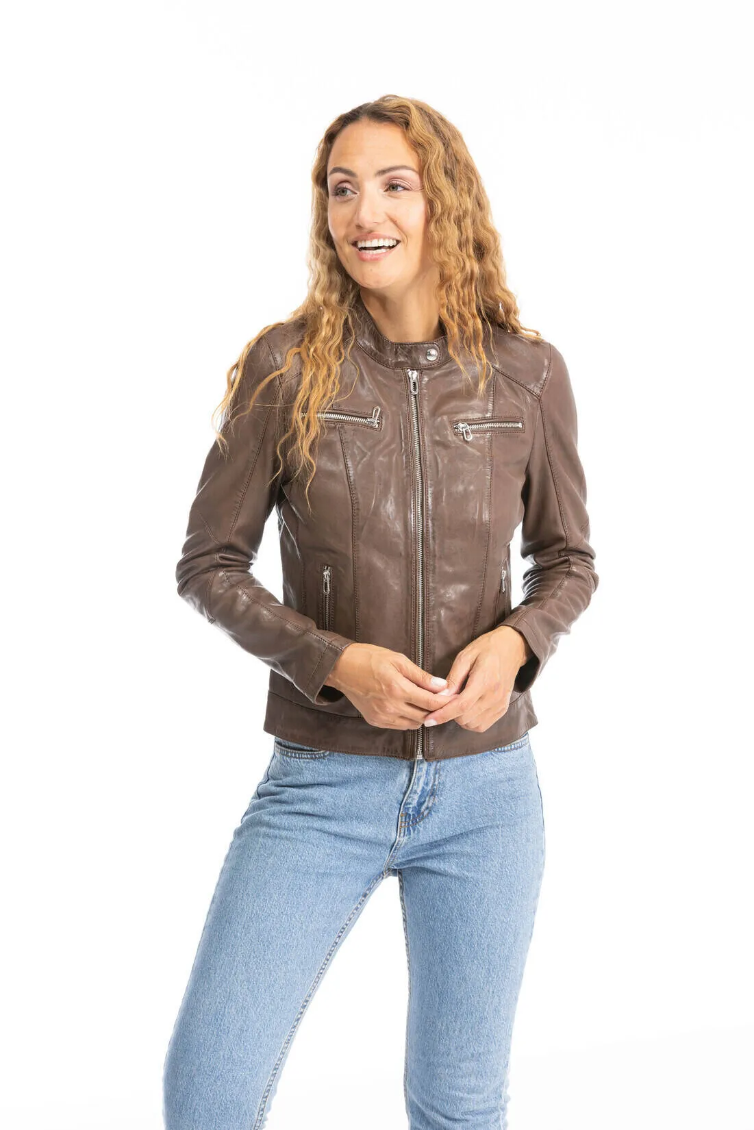 Blouson cuir femme style motard bison