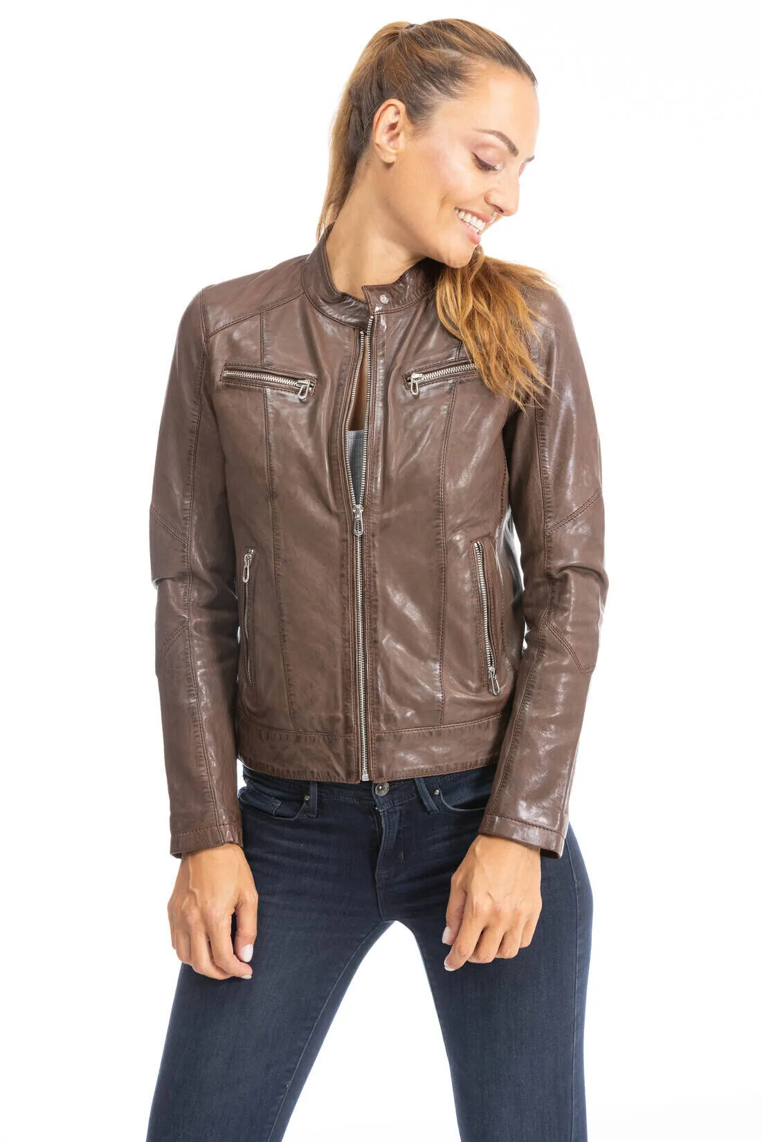 Blouson cuir femme style motard bison