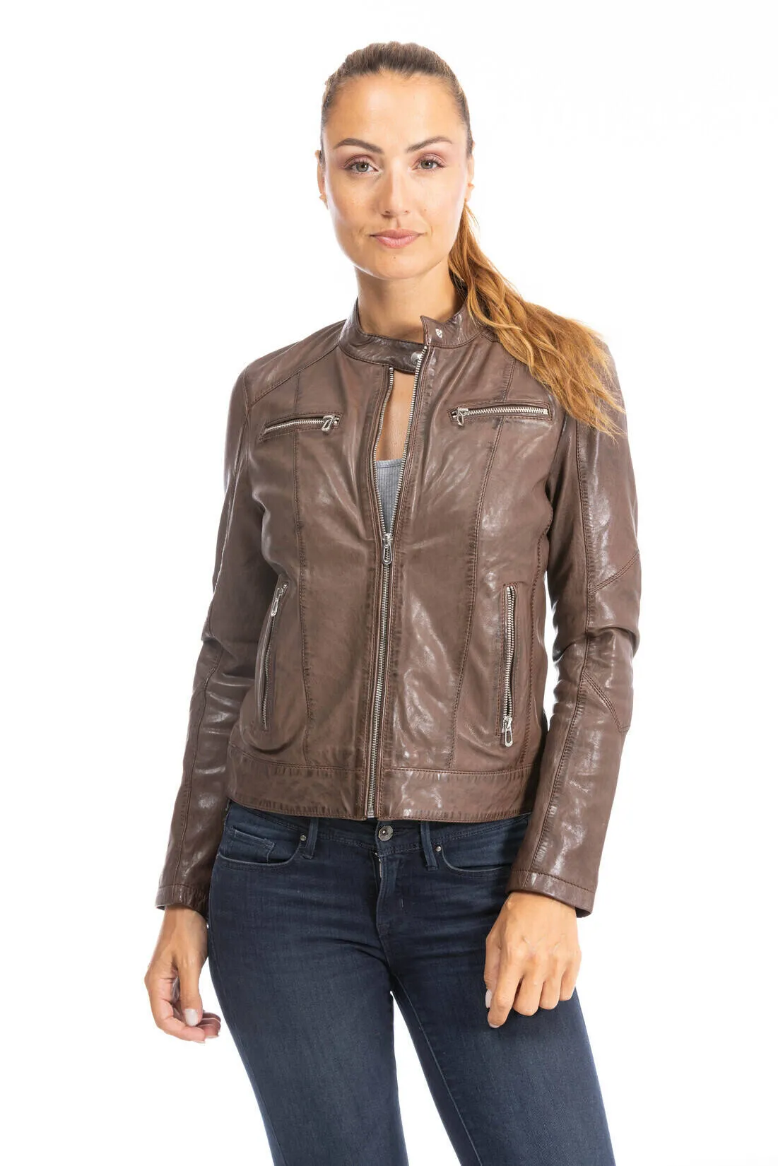 Blouson cuir femme style motard bison