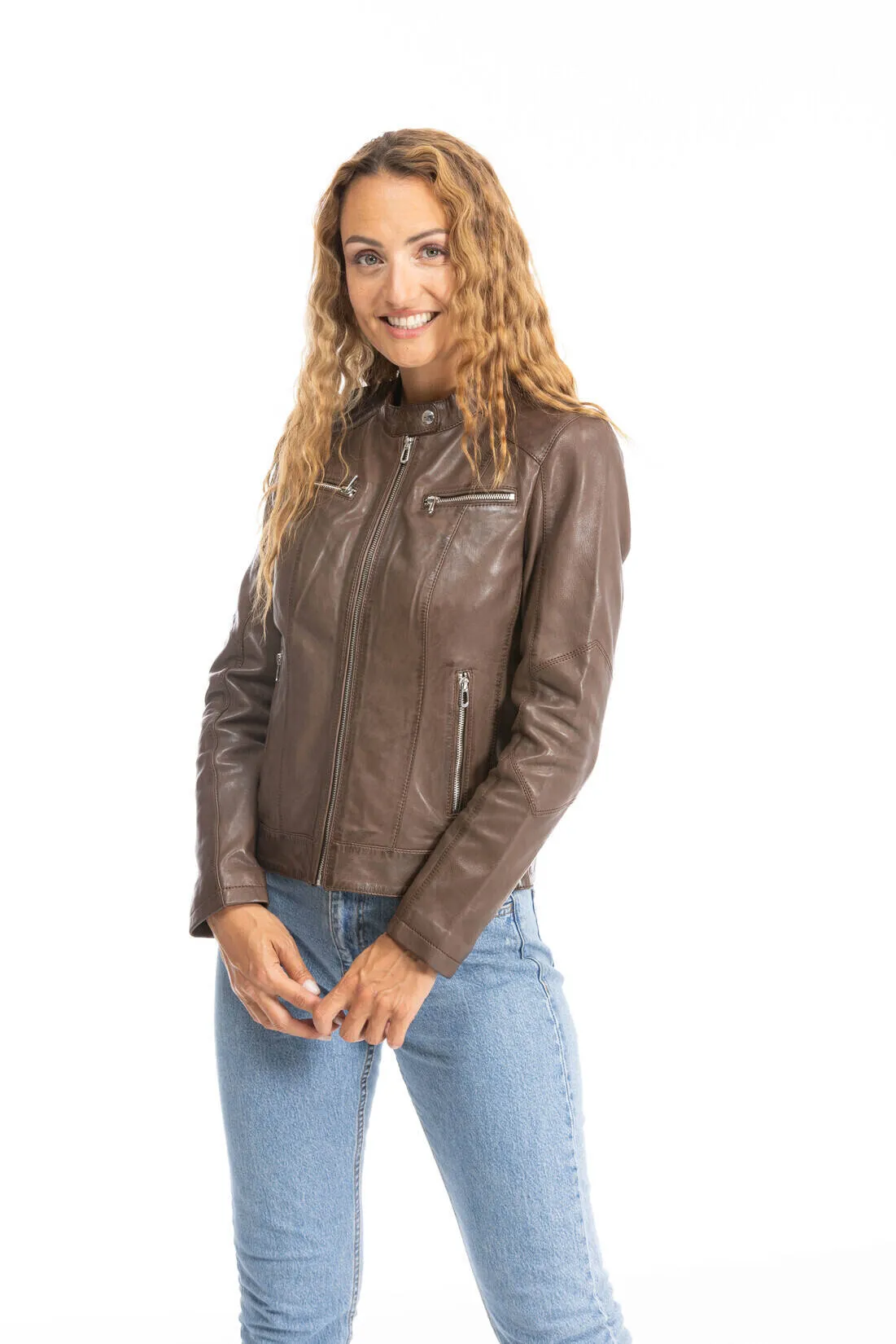 Blouson cuir femme style motard bison