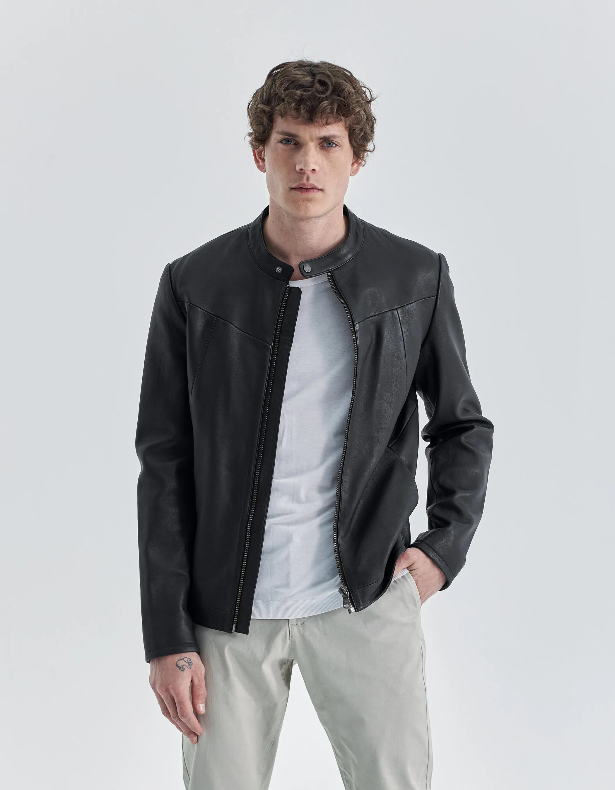 Blouson motard noir en cuir Homme