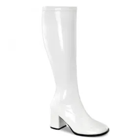 Botte blanche vernis femme à talon carré spéciale mollet large