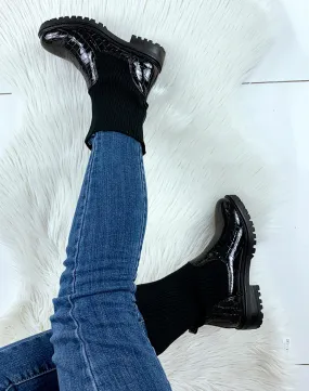 Bottines hautes vernies noires effet chaussette