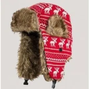 Chapka Laine et Fourrure Motif Retro Hiver Cerfs Flocons Rayures