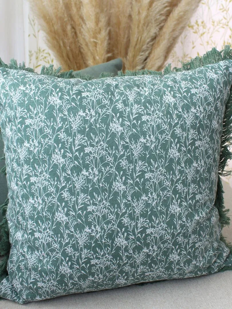 Coussin fleuri à franges - Vert