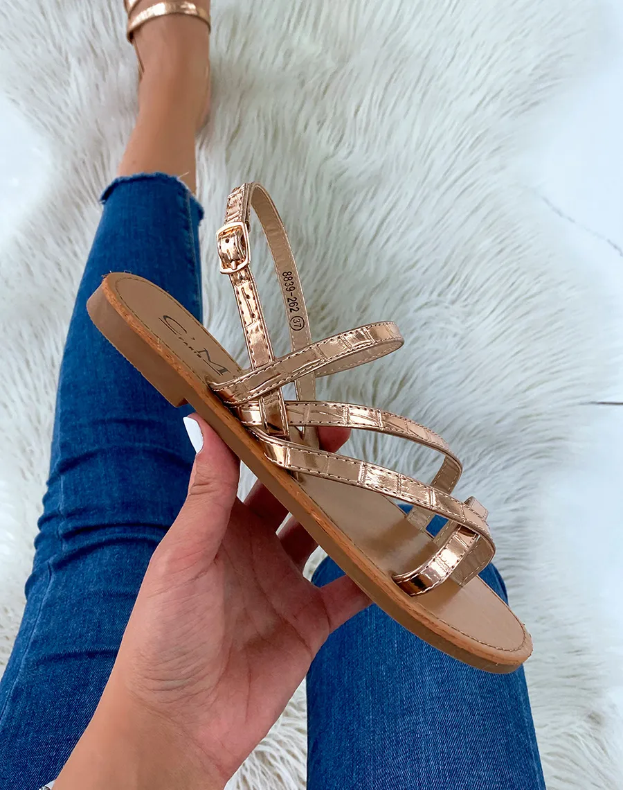 Nu-pieds rose gold effet croco à multiples lanières entrecroisées