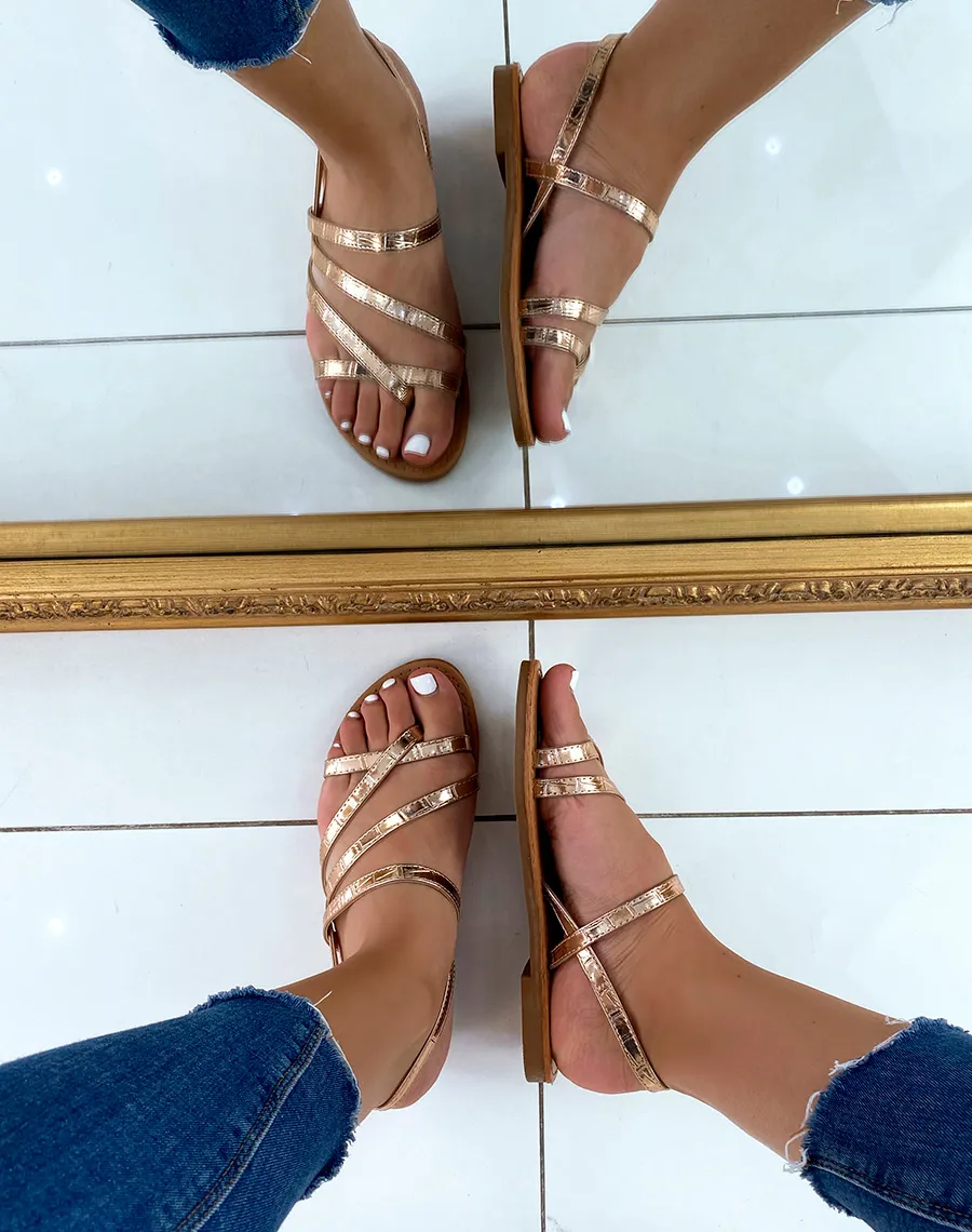 Nu-pieds rose gold effet croco à multiples lanières entrecroisées