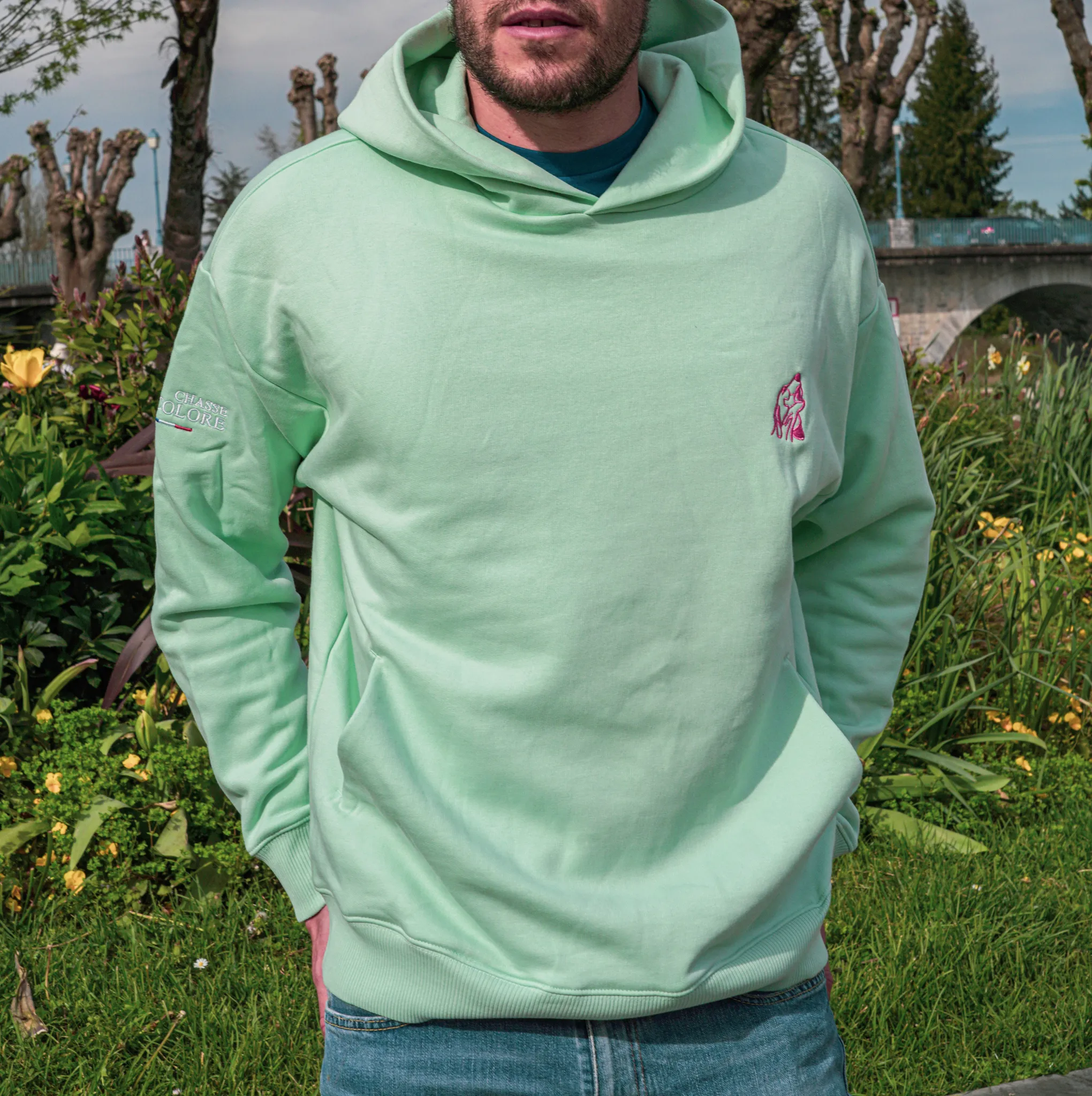 Sweat capuche oversize unisexe (Vert) - Tête de chien - Chasse Tricolore