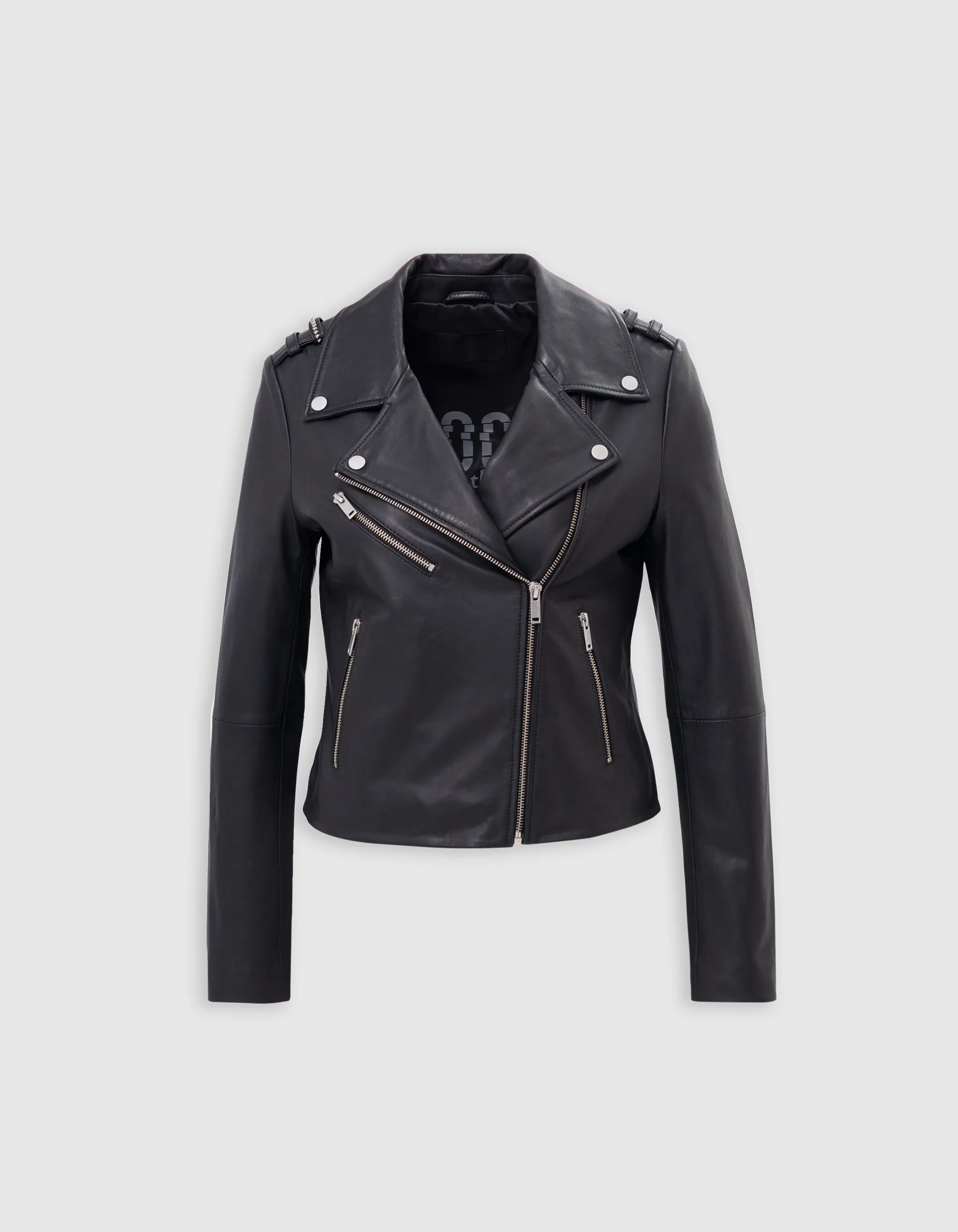 Veste cuir noir esprit motard broderie perle éclair Femme