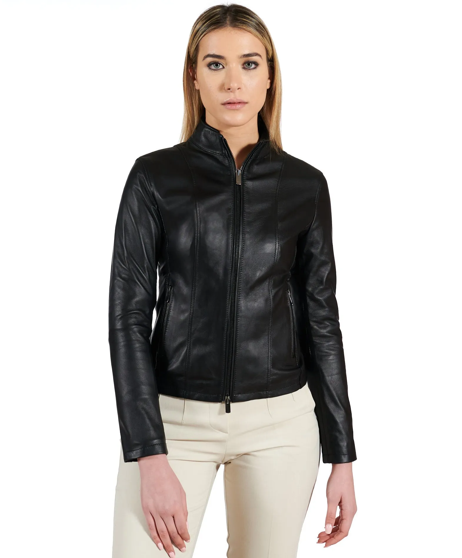 Veste en cuir femme motard col mao cuir plongé noir Vale