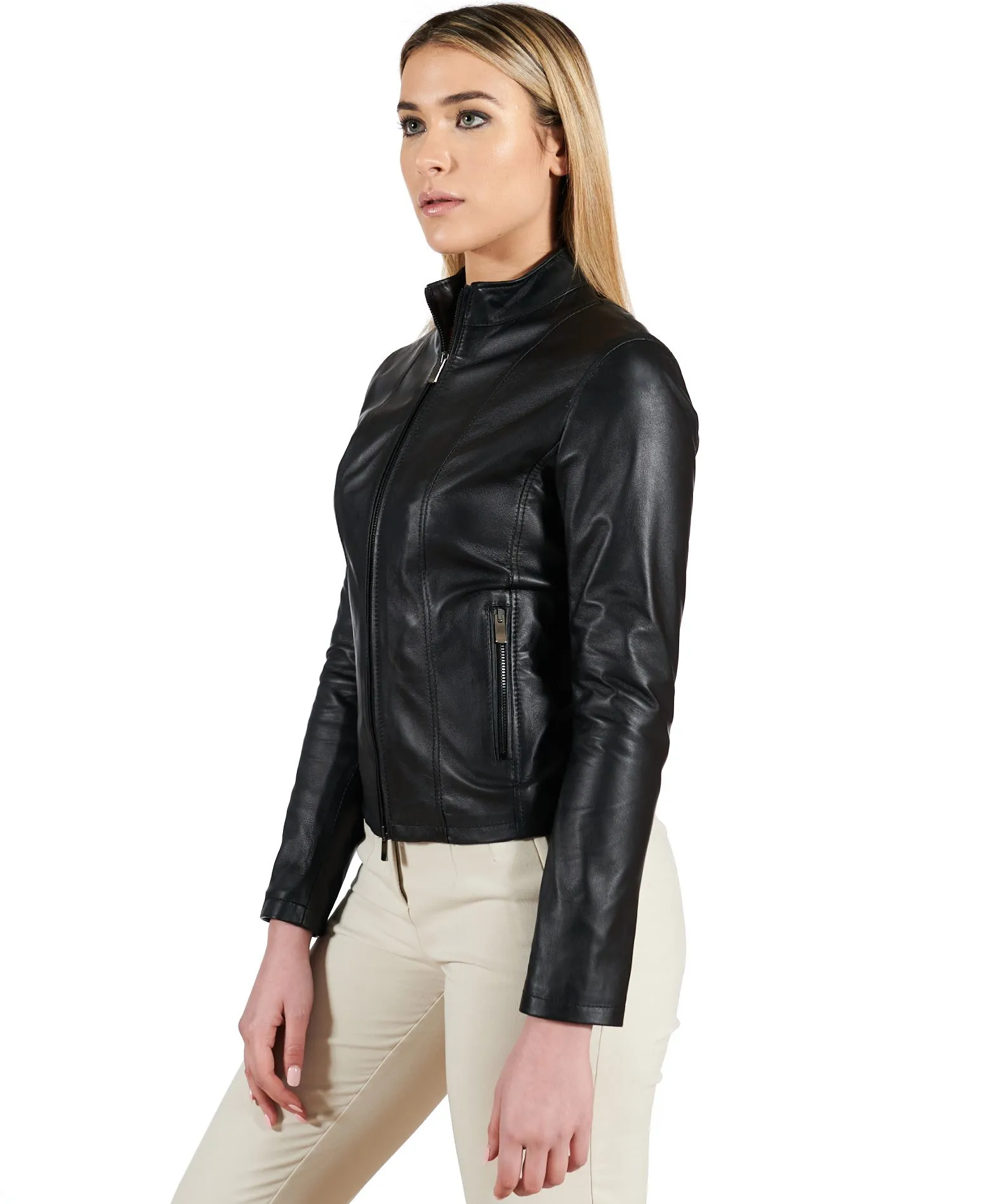 Veste en cuir femme motard col mao cuir plongé noir Vale