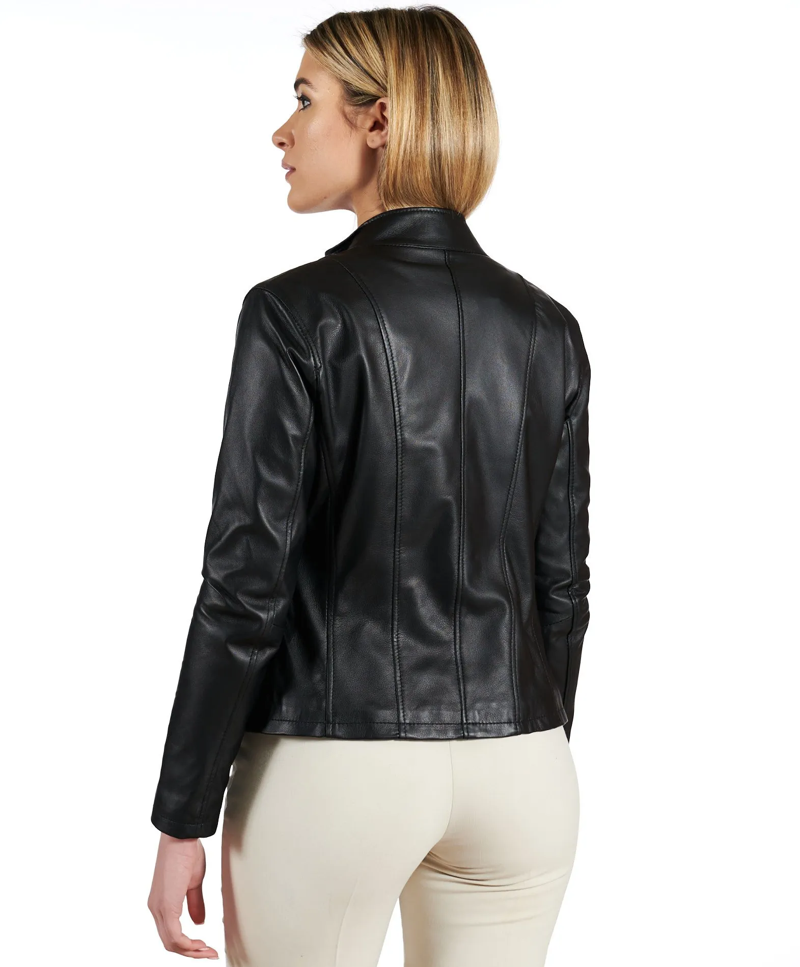 Veste en cuir femme motard col mao cuir plongé noir Vale