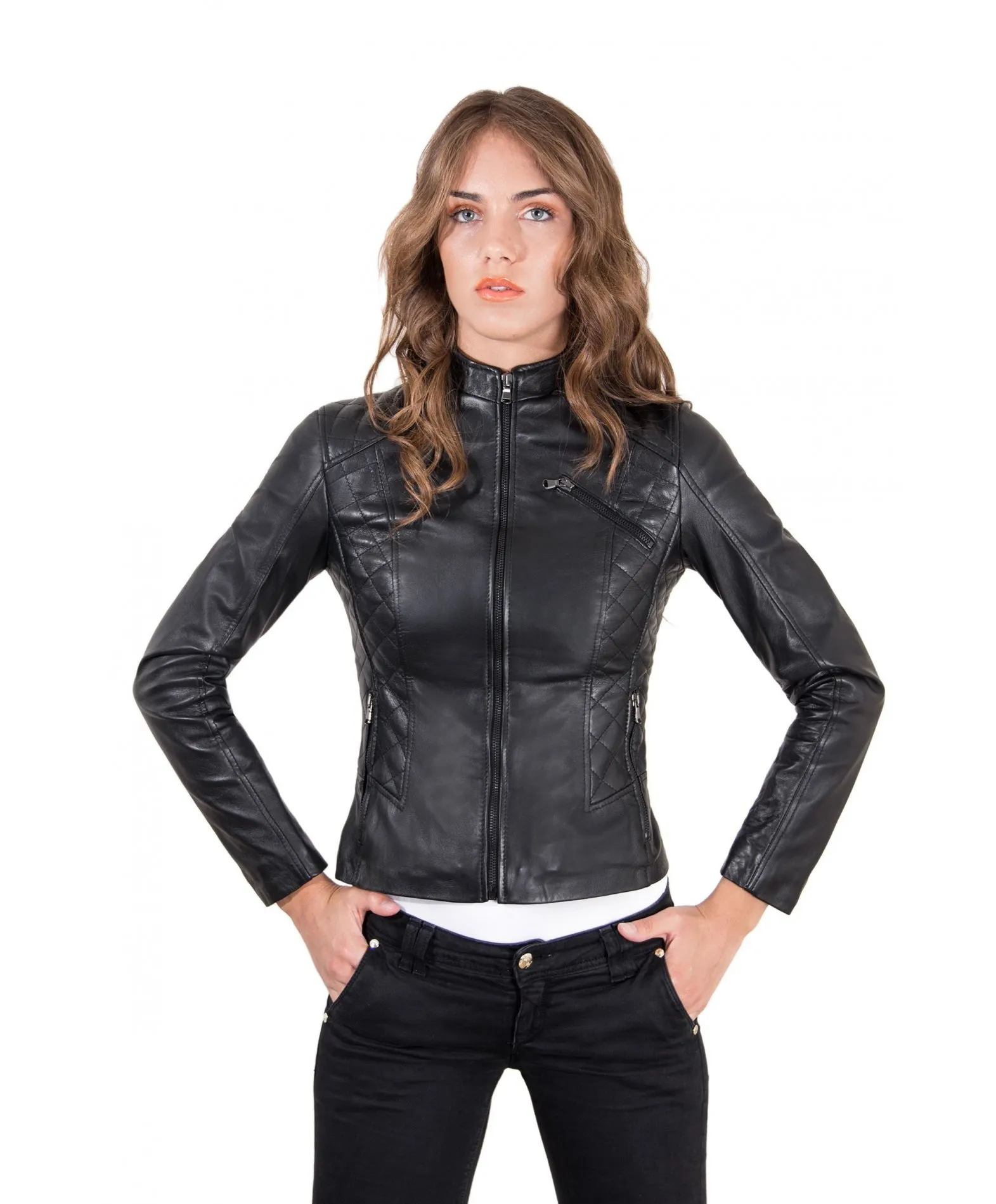 Veste en cuir femme style motard surpiqûres cuir plongé noir Geny