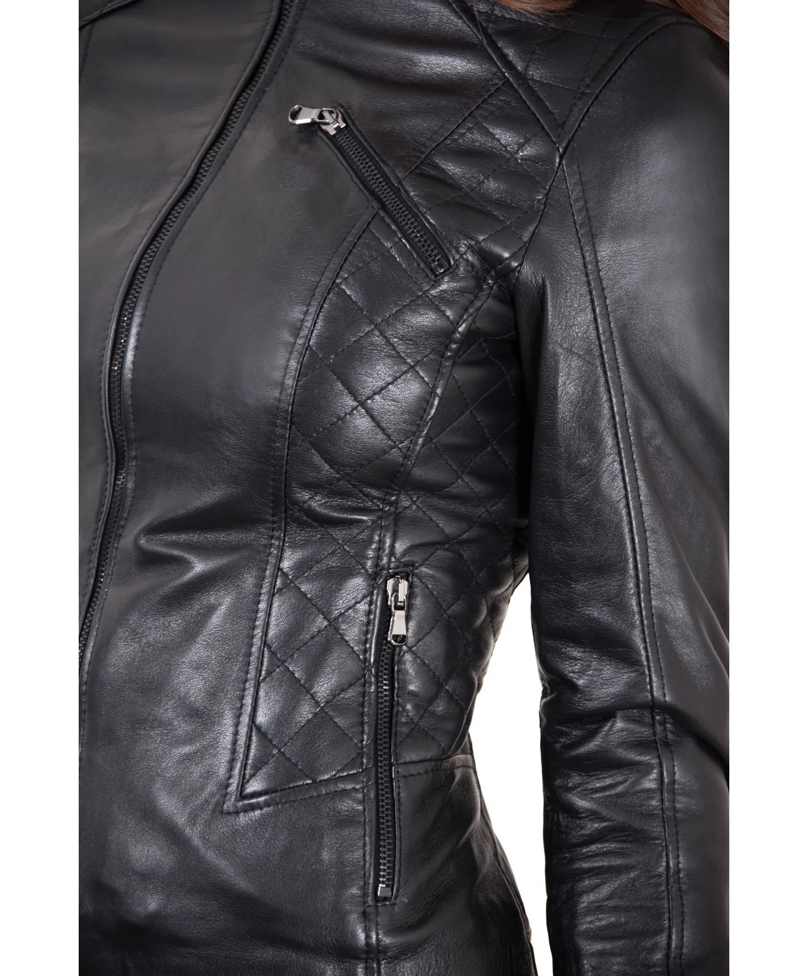 Veste en cuir femme style motard surpiqûres cuir plongé noir Geny