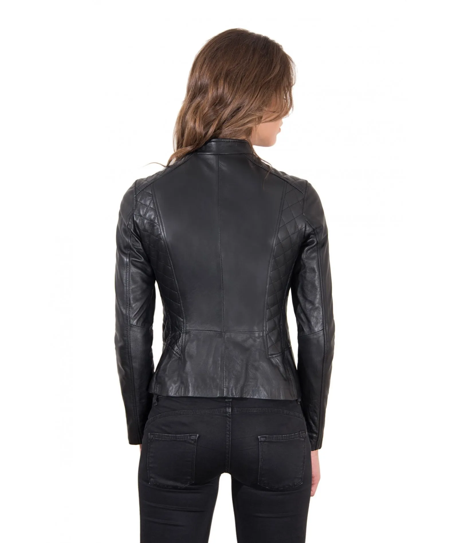 Veste en cuir femme style motard surpiqûres cuir plongé noir Geny