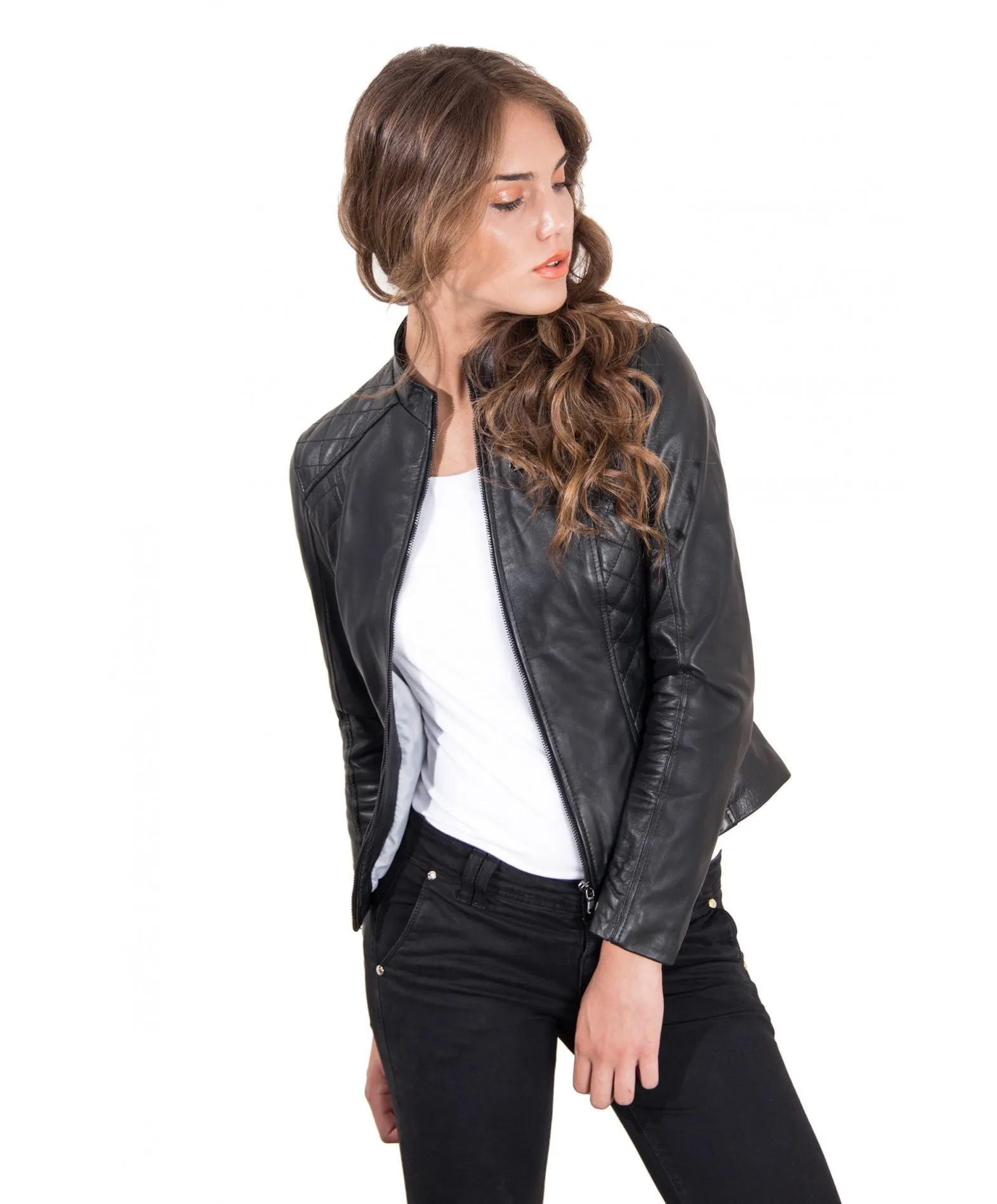 Veste en cuir femme style motard surpiqûres cuir plongé noir Geny