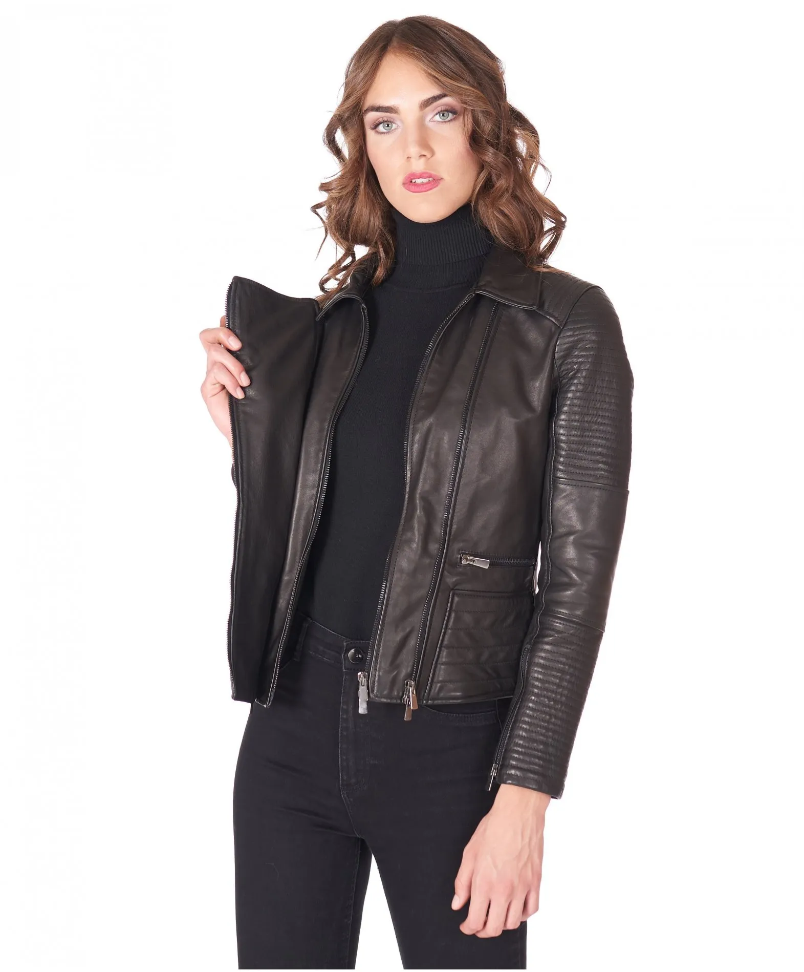 Veste en cuir femme style motard surpiqûres cuir plongé noir Maelle