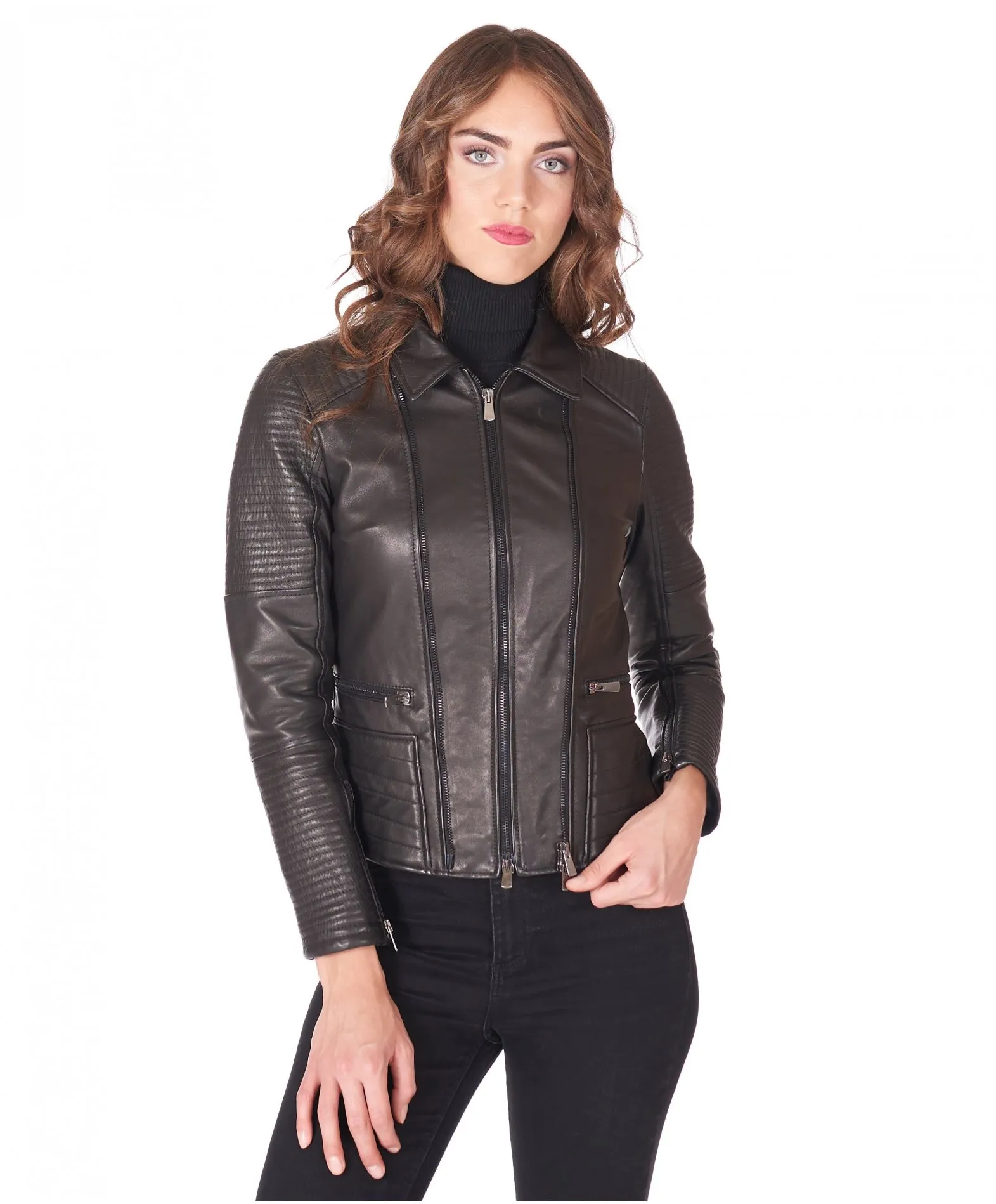 Veste en cuir femme style motard surpiqûres cuir plongé noir Maelle