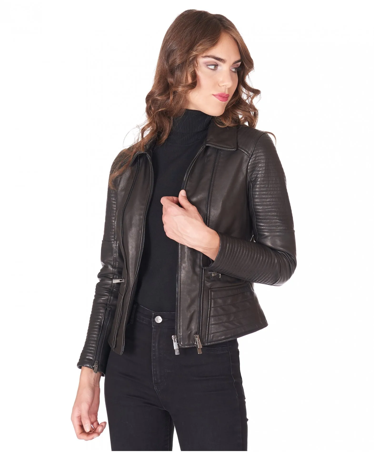 Veste en cuir femme style motard surpiqûres cuir plongé noir Maelle