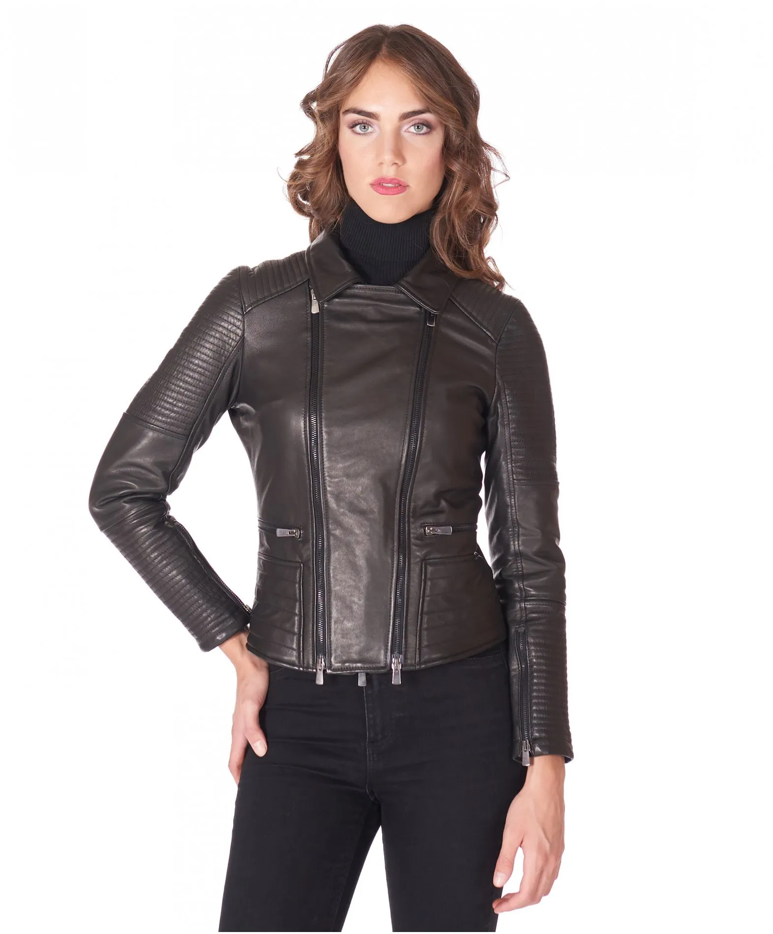 Veste en cuir femme style motard surpiqûres cuir plongé noir Maelle