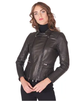 Veste en cuir femme style motard surpiqûres cuir plongé noir Maelle