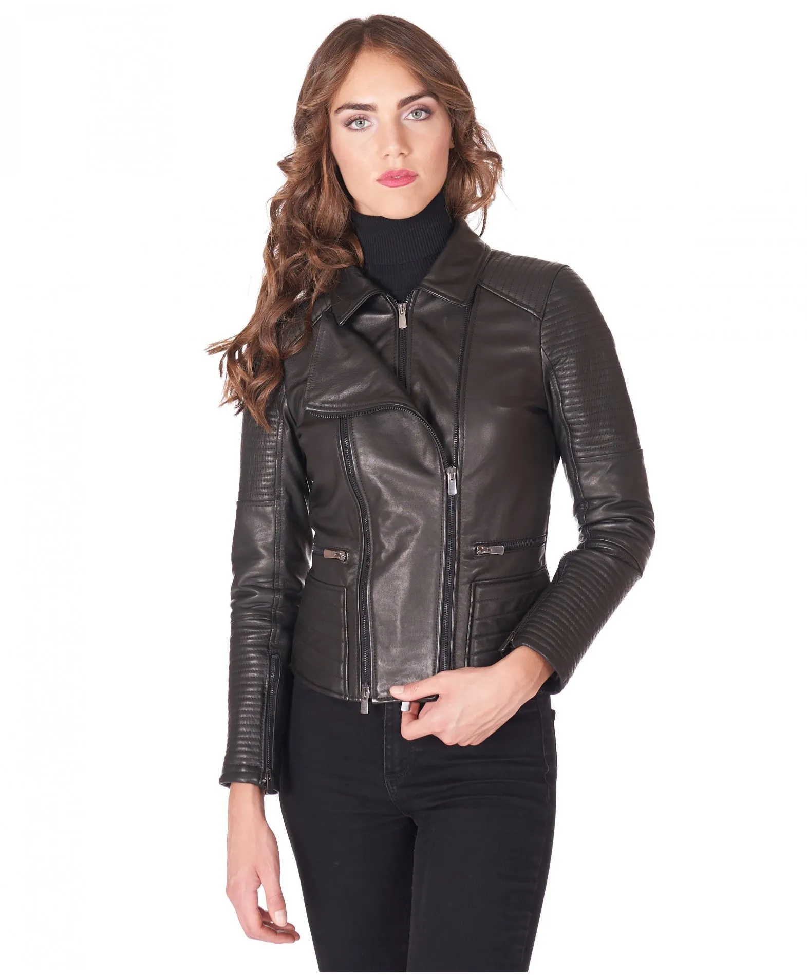 Veste en cuir femme style motard surpiqûres cuir plongé noir Maelle