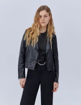 Veste en cuir noir esprit motard embossé croco Femme