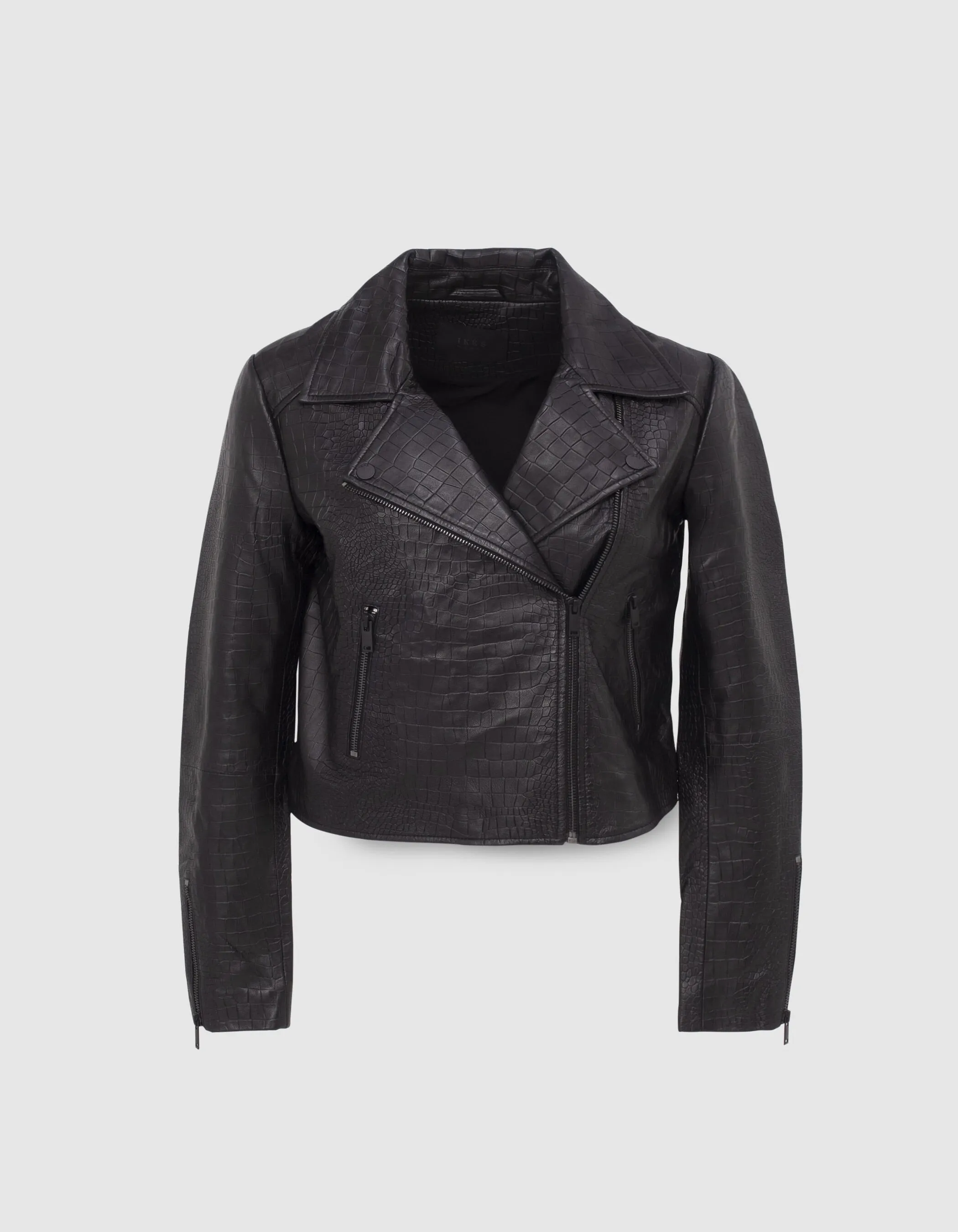 Veste en cuir noir esprit motard embossé croco Femme