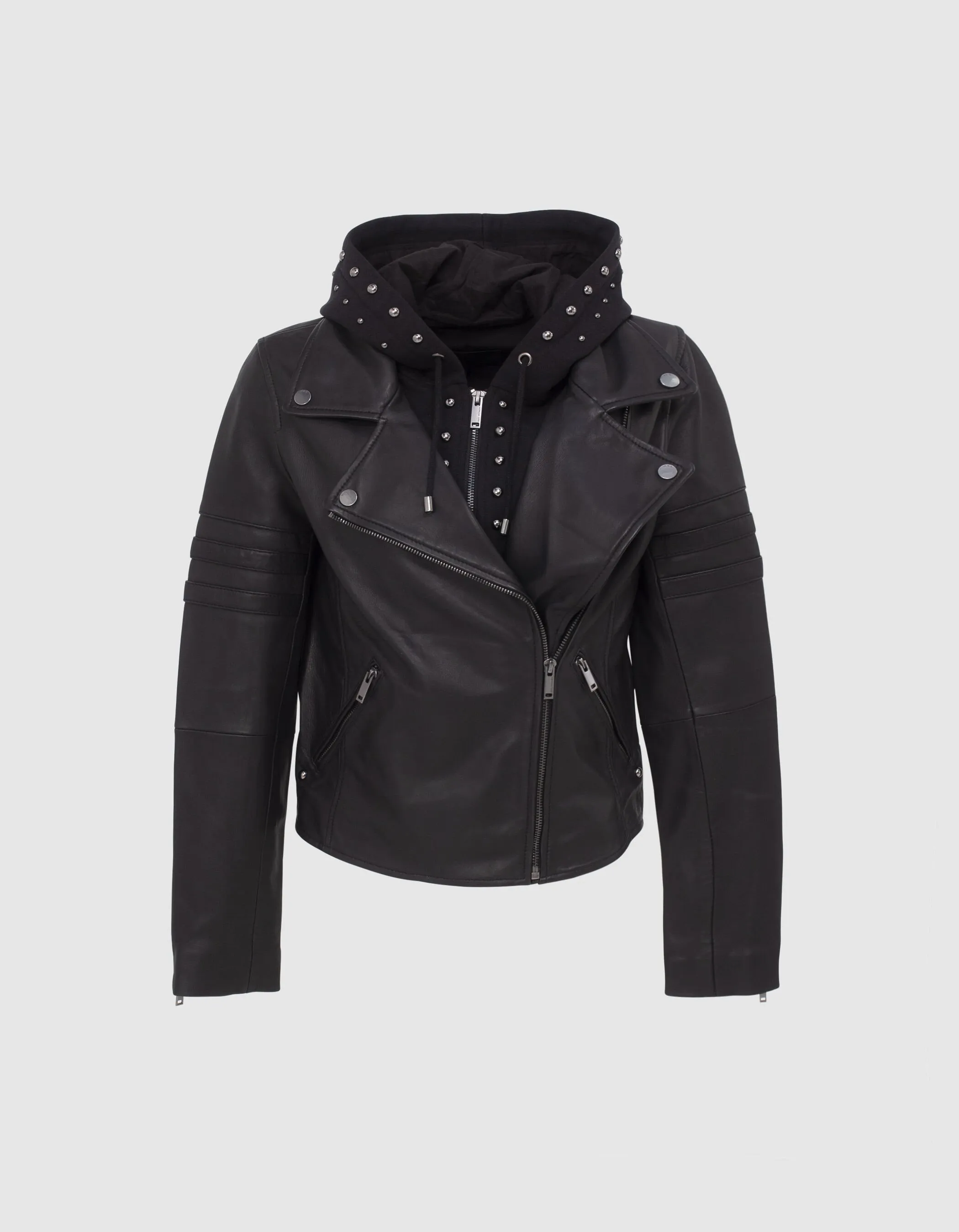 Veste en cuir noir esprit motard parmenture amovible Femme