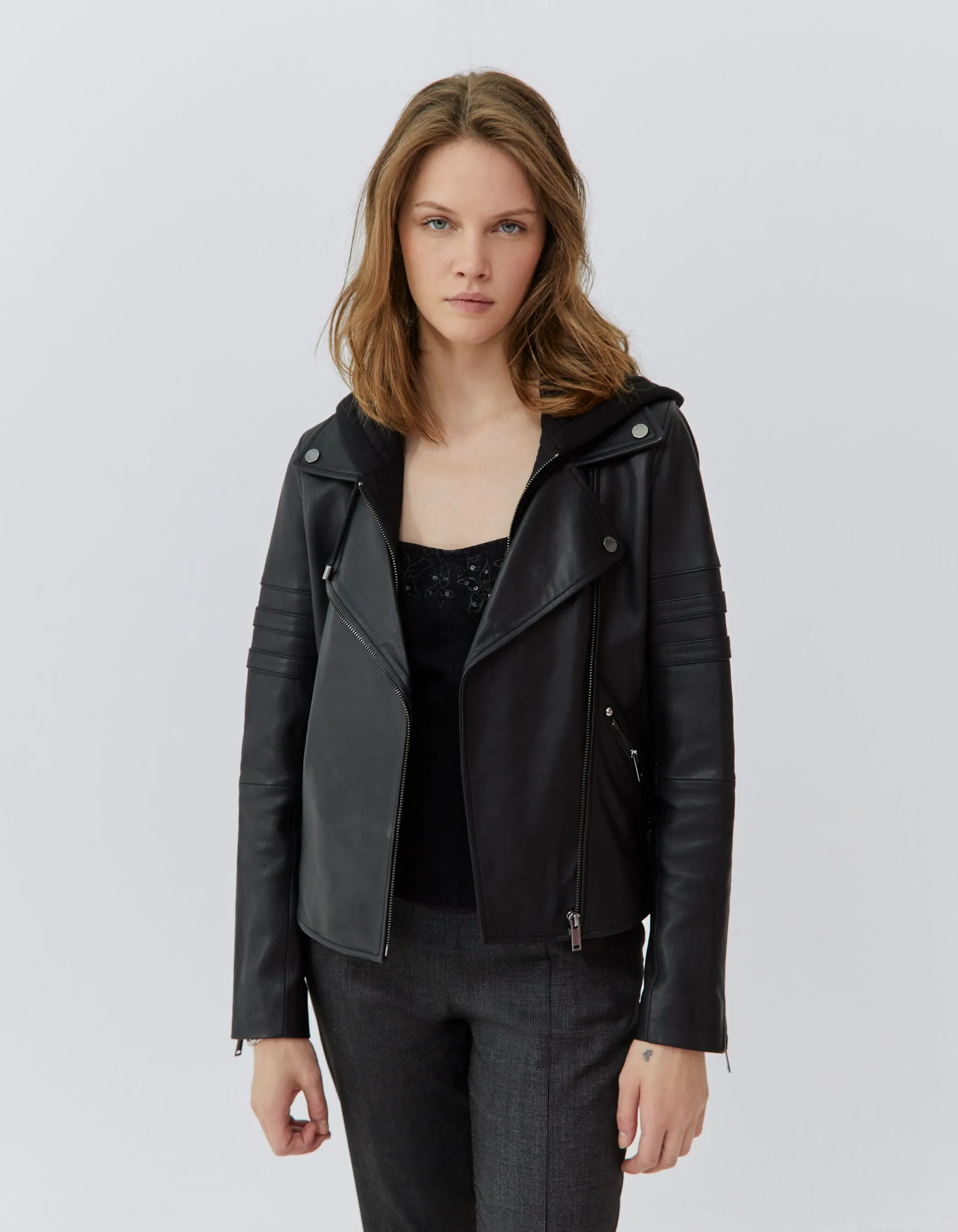 Veste en cuir noir esprit motard parmenture amovible Femme