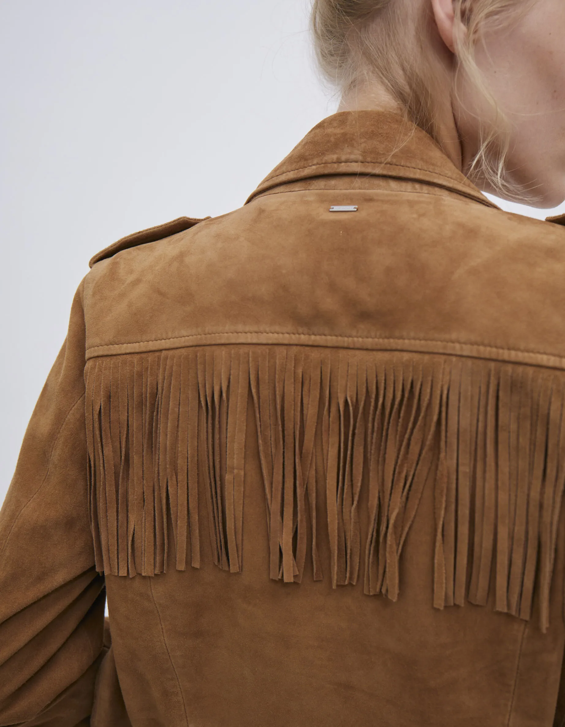 Veste en cuir velours camel esprit motard à franges Femme